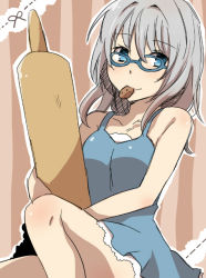 Rule 34 | 1girl, age regression, aged down, animification, blue dress, blue eyes, cookie, cookie clicker, dress, female focus, food, glasses, grandma (cookie clicker), grey hair, mouth hold, pitsuuta, rolling pin, solo