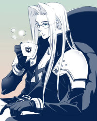 Rule 34 | 1990s (style), 1boy, bespectacled, blue eyes, cup, final fantasy, final fantasy vii, glasses, gloves, hair intakes, long hair, male focus, retro artstyle, sephiroth, shinra electric power company, sitting, solo, teacup, white hair