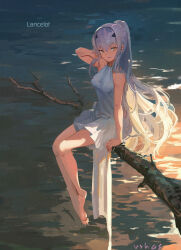 Rule 34 | 1girl, alternate costume, bare legs, bare shoulders, barefoot, branch, breasts, crossed bangs, dress, fate/grand order, fate (series), hair ornament, highres, long hair, medium breasts, melusine (fate), ponytail, sidelocks, signature, sitting, sitting on branch, sleeveless, sleeveless dress, solo, ushas, water, white dress, white hair, yellow eyes