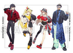 Rule 34 | 2boys, 2girls, :d, ;p, alternate costume, animal ear headphones, animal ears, animal print, arm behind back, asymmetrical sleeves, baggy pants, belt, belt chain, black belt, black choker, black footwear, black gloves, black hair, black headband, black jacket, black nails, black pants, black shirt, black shorts, black thighhighs, blonde hair, blue coat, blue nails, bracelet, brown hair, bucket hat, cat ear headphones, center-flap bangs, choker, closed mouth, coat, commentary, copyright notice, crop top, dark-skinned male, dark skin, dress, earrings, english commentary, fake animal ears, fingerless gloves, full body, gloves, green eyes, green pants, grey hair, hair between eyes, hair ornament, hair ribbon, hairclip, hand in pocket, hand to own mouth, hat, headband, headphones, high heels, hoop earrings, hoshikawa sara, ibrahim (nijisanji), jacket, jewelry, layered sleeves, leg warmers, leopard print, loafers, long hair, long sleeves, looking at viewer, midriff, mixed-language commentary, multicolored clothes, multicolored jacket, multicolored nails, multiple boys, multiple girls, multiple rings, nail polish, nijisanji, nui sociere, o-ring, o-ring belt, o-ring choker, official art, one eye closed, open clothes, open hand, open jacket, open mouth, orange eyes, pants, parted lips, patterned clothing, pendant choker, pink nails, platform footwear, red eyes, red footwear, red jacket, red shirt, ribbon, ring, sample watermark, senzaki makoto, shirt, shoes, short dress, short hair, short over long sleeves, short shorts, short sleeves, shorts, side ponytail, single bare shoulder, single glove, single thighhigh, sleeves past wrists, smile, sneakers, standing, standing on one leg, thigh strap, thighhighs, tongue, tongue out, turtleneck, two-tone jacket, very long hair, virtual youtuber, watermark, white background, white jacket, x hair ornament, yellow dress, yellow footwear, yumeoi kakeru, zebra print