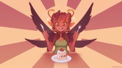 Rule 34 | 1girl, :q, absurdres, antennae, artist name, cake, colored sclera, colored skin, dark willow, dota (series), dota 2, dress, earrings, food, fork, green dress, hands up, highres, jewelry, monster girl, multicolored background, o-ring, plate, pointy ears, red background, red eyes, red skin, short hair, smile, solo, sorapoi, star (symbol), star earrings, strawberry shortcake, sweat, tongue, tongue out, wings, yellow sclera
