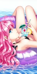 Rule 34 | 1girl, bikini, black bikini, black bow, blue eyes, bow, breasts, cherry, cleavage, cocktail umbrella, cup, drink, drinking straw, food, fruit, holding, holding cup, ice, innertube, k (shinya90), lemon, long hair, looking back, lying, megurine luka, parted lips, partially submerged, pink hair, shiny skin, solo, swim ring, swimsuit, umbrella, vocaloid, water, wavy hair