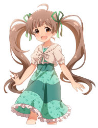 Rule 34 | 1girl, :d, \||/, ahoge, blush, breasts, brown hair, collarbone, commentary request, cropped legs, cropped sweater, dress, floral print dress, frilled dress, frills, goma konbu, green dress, green ribbon, hair ribbon, hakozaki serika, highres, idolmaster, idolmaster million live!, long hair, looking at viewer, open mouth, orange eyes, outstretched arms, raised eyebrows, ribbon, short sleeves, simple background, small breasts, smile, solo, standing, striped clothes, striped dress, sweater, swept bangs, twintails, very long hair, white background, white ribbon, white sweater