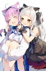 Rule 34 | 2girls, ^ ^, absurdres, ahoge, animal ear fluff, animal ears, bare arms, black dress, black ribbon, blue bow, blue bowtie, blue choker, blue hair, blue hairband, blue ribbon, blue sailor collar, blue skirt, bow, bowtie, braid, breasts, brown eyes, cat ears, cat girl, cat tail, cheek pinching, choker, closed eyes, commentary request, darjeeling (reley), dress, frilled ribbon, frilled sailor collar, frills, hair ribbon, hairband, highres, hololive, hugging own legs, knees up, large breasts, long hair, long sleeves, looking at another, minato aqua, minato aqua (sailor), multicolored hair, multiple girls, murasaki shion, murasaki shion (gothic lolita), open mouth, pantyhose, pinching, pink hair, pleated skirt, puffy long sleeves, puffy sleeves, ribbon, ribbon choker, sailor collar, shirt, short eyebrows, silver hair, simple background, sitting, skirt, strapless, strapless dress, tail, tail ornament, tail ribbon, teeth, two-tone hair, upper teeth only, virtual youtuber, white background, white shirt, wrist cuffs