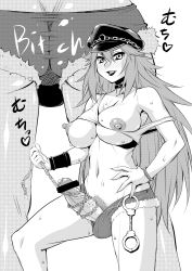 Rule 34 | 1girl, ass, big hair, blush, bracelet, breasts, breasts out, censored, chain, collar, cuffs, erection, female pubic hair, final fight, full-face blush, full-package futanari, futanari, greyscale, hand on own hip, handcuffs, hat, highres, huge breasts, huge nipples, huge penis, huge testicles, jewelry, katou jun, large breasts, large penis, lipstick, long hair, makeup, monochrome, newhalf, nipples, off shoulder, peaked cap, penis, poison (final fight), precum, pubic hair, short shorts, shorts, skindentation, solo, street fighter, sweat, testicles, veins, veiny penis, wristband