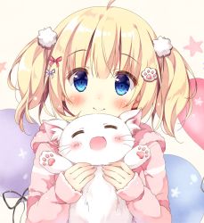 Rule 34 | 1girl, :d, ^ ^, ahoge, animal, balloon, blonde hair, blue eyes, blush, bow, cat, cat day, closed eyes, hair bow, holding, holding animal, holding cat, hood, hood down, hoodie, long sleeves, looking at viewer, open mouth, original, pan (mimi), paw hair ornament, pink hoodie, pom pom (clothes), smile, solo, ten-chan (pan (mimi)), twintails, upper body, white cat