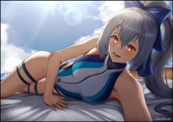 Rule 34 | 1girl, :d, absurdres, bare shoulders, beach, beach towel, black border, blue bow, blue one-piece swimsuit, blush, border, bow, breasts, collarbone, competition swimsuit, fate/grand order, fate (series), grey hair, hair bow, highres, large breasts, lens flare, long hair, looking back, lying, multicolored clothes, multicolored swimsuit, ocean, on side, one-piece swimsuit, open mouth, rayleigh scale, red eyes, selfie, shadow, smile, solo, swimsuit, thigh strap, tomoe gozen (fate), tomoe gozen (swimsuit saber) (fate), tomoe gozen (swimsuit saber) (first ascension) (fate), towel, twitter username, very long hair, white one-piece swimsuit