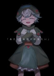 Rule 34 | 1girl, absurdres, black background, child, closed eyes, curly hair, dress, feet out of frame, gloves, goose g3, green gloves, hat, highres, made in abyss, necktie, open mouth, prushka, short hair, simple background, smile, solo, white hair