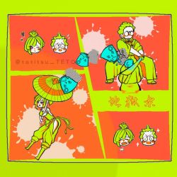 Rule 34 | 1boy, 1girl, blush, chibi, decapitation, glasses, high ponytail, holding, holding sword, holding weapon, jigokuraku, long hair, pale skin, ponytail, severed head, short hair, sigh, sparkle, sword, tatitsu teto, umbrella, weapon, yamada asaemon senta, yuzuriha (jigokuraku)