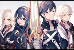 Rule 34 | 2boys, 2girls, armor, belt, black coat, blue eyes, blue hair, book, cape, chrom (fire emblem), coat, collar, collarbone, falchion (fire emblem), father and daughter, fingerless gloves, fire emblem, fire emblem awakening, gloves, hair between eyes, highres, holding, holding book, holding sword, holding weapon, long hair, looking at viewer, lucina (fire emblem), multiple boys, multiple girls, nintendo, open mouth, reia hana, robin (female) (fire emblem), robin (fire emblem), robin (male) (fire emblem), short hair, shoulder armor, smile, sword, symbol-shaped pupils, symbol in eye, tiara, twintails, twitter username, upper body, weapon, white background, white hair, yellow eyes
