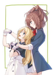 Rule 34 | 2girls, ascot, black dress, blonde hair, blue eyes, blush, brown hair, closed mouth, dress, flower, gloves, jervis (kancolle), kantai collection, long hair, messy hair, military, military uniform, mitsuyo (mituyo324), multiple girls, no headwear, open mouth, pleated skirt, ponytail, red ascot, red flower, red rose, rose, sailor dress, sheffield (kancolle), short sleeves, skirt, smile, uniform, white gloves, white skirt