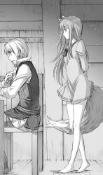 Rule 34 | 1boy, 1girl, animal ears, arms behind back, barefoot, craft lawrence, dress, floating hair, from side, greyscale, holo, koume keito, long hair, long sleeves, monochrome, official art, pouch, profile, shirt, short dress, sitting, spice and wolf, standing, tail, very long hair, wolf ears, wolf tail