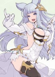 Rule 34 | 10s, 1girl, :d, animal ears, asymmetrical legwear, bare shoulders, black thighhighs, blue eyes, breasts, cat ears, elbow gloves, erune, gloves, granblue fantasy, hair ornament, hanauna, highres, korwa, large breasts, long hair, looking at viewer, mismatched legwear, open mouth, quill, silver hair, simple background, smile, solo, thighhighs, thread, white gloves, white thighhighs