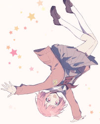 Rule 34 | 1girl, cardigan, commentary, grey skirt, highres, loafers, ootori emu, open mouth, pink cardigan, pink eyes, pink hair, pleated skirt, project sekai, qi7pi, sailor collar, school uniform, serafuku, shoes, short hair, skirt, smile, solo, star (symbol), symbol-only commentary, upside-down, white background