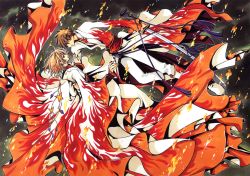 Rule 34 | 1boy, 1girl, absurdres, brown eyes, brown hair, clamp, dress, eye contact, fire, highres, holding, holding sword, holding weapon, huge filesize, katana, looking at another, sakura hime, short hair, sword, tsubasa chronicle, weapon, xiaolang