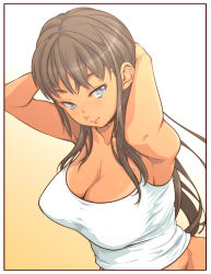 Rule 34 | 1girl, armpits, blue eyes, breasts, brown hair, camisole, cleavage, dark skin, dark-skinned female, highres, large breasts, long hair, looking at viewer, original, sanemichi hajime, shirt, smile, solo, tan, tank top, tanline, taut clothes, taut shirt