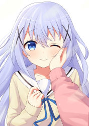 Rule 34 | 2girls, ;), blue eyes, blue ribbon, closed mouth, collarbone, floating hair, furutori, gochuumon wa usagi desu ka?, hair between eyes, hair ornament, hand on another&#039;s cheek, hand on another&#039;s face, highres, hoto cocoa, kafuu chino, kafuu chino&#039;s school uniform, long hair, looking at viewer, multiple girls, neck ribbon, one eye closed, pov, ribbon, sailor collar, school uniform, silver hair, simple background, smile, solo focus, sweater, upper body, very long hair, white background, white sailor collar, white sweater, x hair ornament