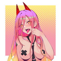Rule 34 | 1girl, between breasts, black necktie, black pasties, blonde hair, blush, border, breasts, chainsaw man, cross-shaped pupils, cross pasties, demon horns, finger in own mouth, gradient background, gradient hair, hair between eyes, hand up, highres, horns, joker.z, long hair, medium breasts, multicolored hair, naked necktie, necktie, necktie between breasts, open mouth, orange eyes, outside border, pasties, pink background, pink hair, power (chainsaw man), red horns, sharp teeth, solo, symbol-shaped pupils, tape, tape on nipples, teeth, tongue, tongue out, upper body, white border, yellow background