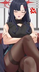 Rule 34 | 1girl, absurdres, anger vein, black hair, black pantyhose, black sweater, blue archive, blush, breasts, closed eyes, crossed arms, facing viewer, green skirt, haerge, hair ornament, hairclip, halo, highres, ichika (blue archive), large breasts, long hair, open mouth, pantyhose, red halo, ribbed sweater, skirt, sleeveless, sleeveless sweater, solo, sweater