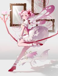 Rule 34 | 1girl, absurdres, bow, bow (weapon), bubble skirt, chouti ttt, dress, expressionless, fairy wings, flower, frilled skirt, frilled socks, frills, from side, full body, gloves, hair bow, highres, holding, holding bow (weapon), holding weapon, kaname madoka, kyubey, leg up, looking at viewer, magical girl, mahou shoujo madoka magica, mahou shoujo madoka magica (anime), picture frame, pink dress, pink eyes, pink flower, pink hair, pink rose, puffy short sleeves, puffy sleeves, red bow, red footwear, rose, running, shadow, short hair, short sleeves, short twintails, skirt, socks, solo, transparent wings, twintails, weapon, white background, white gloves, white skirt, white socks, wings