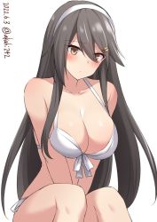 Rule 34 | 1girl, akahi242, arms between legs, bikini, blush, breasts, cleavage, closed mouth, dated, grey hair, hair between eyes, hair ornament, hairband, hairclip, haruna (kancolle), highres, kantai collection, large breasts, long hair, one-hour drawing challenge, orange eyes, simple background, sitting, solo, swimsuit, twitter username, very long hair, white background, white bikini, white hairband