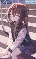 Rule 34 | 1girl, :/, absurdres, alternate costume, black jacket, blue skirt, bright pupils, brown hair, buttons, casual, closed mouth, flower, flower-shaped pupils, genshin impact, grey shirt, hair between eyes, hair flower, hair ornament, handrail, highres, hu tao (genshin impact), jacket, klakmon, light blush, long hair, long sleeves, looking at viewer, miniskirt, multicolored clothes, multicolored jacket, open clothes, open jacket, outdoors, own hands together, pleated skirt, plum blossoms, railing, red eyes, shadow, shirt, sidelighting, sidelocks, sitting, sitting on stairs, skirt, solo, stairs, symbol-shaped pupils, thighs, twintails, two-tone jacket, very long hair, white jacket, white pupils