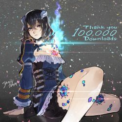 Rule 34 | 1girl, black hair, bloodstained: ritual of the night, blue eyes, breasts, cleavage, detached sleeves, dress, english text, gradient hair, hair between eyes, hair ornament, jewelry, large breasts, miriam (bloodstained), multicolored hair, simple background, solo, tattoo