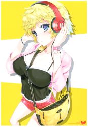 Rule 34 | 1girl, :o, absurdres, bag, beads, beats by dr. dre, between breasts, blonde hair, blue eyes, blush, breasts, cable, collarbone, cowboy shot, halterneck, handbag, hands on headphones, happoubi jin, headphones, highres, jacket, jewelry, large breasts, navel, necklace, original, over shoulder, parted lips, pearl necklace, scan, short hair, short shorts, shorts, shoulder bag, solo, spaghetti strap, standing, strap between breasts, watch, wristwatch, zipper