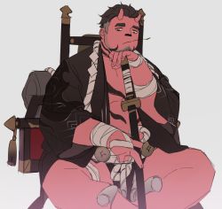 Rule 34 | 1boy, :/, bandages, bara, beard, brown hair, colored skin, demon boy, facial hair, fang, horns, japanese clothes, katana, kimono, crossed legs, lovesheng1314, male focus, muscular, oni, oni horns, open clothes, open kimono, original, red eyes, red oni, red skin, short hair, solo, sword, thick thighs, thighs, weapon