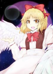 Rule 34 | 1girl, angel, angel wings, blonde hair, bow, bowtie, commentary request, crescent, dress, eyelashes, feathered wings, gengetsu (touhou), hair bow, happy, juliet sleeves, last bell, long sleeves, looking at viewer, lotus land story, open mouth, puffy sleeves, red bow, red bowtie, sash, suspenders, touhou, touhou (pc-98), white dress, white sash, white wings, wings, yellow eyes