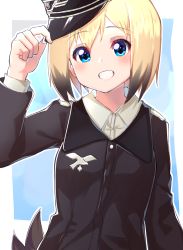 Rule 34 | 1girl, :d, arm at side, arm up, black hair, blonde hair, blue background, blue eyes, blush, collared shirt, emblem, erica hartmann, grin, hand on headwear, hat, hat tip, kunugi miyaco, long sleeves, looking at viewer, military, military uniform, multicolored hair, open mouth, peaked cap, shirt, short hair, smile, solo, strike witches, tail, tareme, teeth, two-tone hair, uniform, upper body, white shirt, wing collar, world witches series