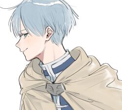 Rule 34 | 1boy, blue hair, blue jacket, brown cape, cape, closed mouth, commentary, green eyes, highres, himmel (sousou no frieren), jacket, looking at viewer, male focus, mole, mole under eye, short hair, simple background, smile, solo, sousou no frieren, u0oouo, upper body, white background