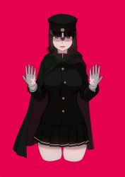 Rule 34 | 1girl, akitsu maru (kancolle), black eyes, black hair, black hat, black skirt, cape, cowboy shot, cropped legs, gloves, hat, highres, kantai collection, looking at viewer, military, military uniform, pale skin, peaked cap, pentagram, pleated skirt, red background, short hair, simple background, skirt, solo, uniform, white gloves, yuuji (and)