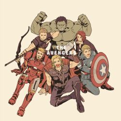 Rule 34 | 1girl, 5boys, arc reactor, arm up, armor, arrow (projectile), avengers (series), beard, black bodysuit, black footwear, black hair, black pants, black shirt, black widow, blonde hair, blue bodysuit, blue eyes, bodysuit, boots, bow (weapon), breasts, brown background, cape, captain america, clenched hands, clint barton, colored skin, commentary request, copyright name, facial hair, full armor, green eyes, green skin, hands up, hawkeye (marvel), helmet, highres, holding, holding bow (weapon), holding shield, holding weapon, hood, hooded bodysuit, hulk, iron man, light brown hair, long hair, looking at viewer, marvel, marvel cinematic universe, medium breasts, mjolnir (marvel), mochishio, multicolored armor, multiple boys, natasha romanoff, open mouth, own hands together, pants, pocket, power armor, red armor, red cape, red footwear, red hair, shield, shirt, short hair, simple background, sitting, sleeveless, sleeveless shirt, smile, standing, star (symbol), steve rogers, striped, superhero costume, teeth, the avengers (2012), thor (marvel), tony stark, v-shaped eyebrows, weapon, yellow armor