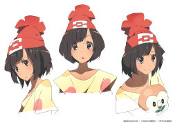 Rule 34 | 1girl, angry, anime coloring, beanie, black hair, blouse, creatures (company), deviantart username, expressions, facebook username, frown, game freak, gen 7 pokemon, hat, highres, looking at viewer, multiple views, nintendo, pokemon, pokemon (creature), pokemon sm, red hat, rowlet, selene (pokemon), shirt, short hair, simple background, smile, tom skender, twitter username, white background, yellow shirt