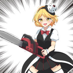Rule 34 | black skirt, black vest, blonde hair, bow, bowtie, buttons, chainsaw, collared shirt, cowboy shot, dice hair ornament, earrings, hair ornament, highres, holding, holding chainsaw, jewelry, len&#039;en, open mouth, ougi hina, pleated skirt, puffy short sleeves, puffy sleeves, red bow, red bowtie, shirt, short hair, short sleeves, simple background, skirt, solo, thighhighs, v-shaped eyebrows, vest, white background, white shirt, white thighhighs, xeno a, yellow eyes, zettai ryouiki
