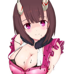 Rule 34 | + +, 1girl, apron, black bra, blush, bra, breasts, broken horn, brown hair, chocolate, chocolate on body, chocolate on breasts, chocolate on face, cleavage, demon girl, demon horns, eriko (princess connect!), eriko (valentine) (princess connect!), food, food on body, food on face, head tilt, horns, large breasts, looking at viewer, pink apron, princess connect!, purple eyes, sa (nax49), short hair, simple background, smile, solo, split mouth, underwear, upper body, white background