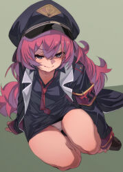 Rule 34 | 1girl, black coat, black footwear, black hat, black shirt, blue archive, blush, closed mouth, coat, collared shirt, commentary request, fu-ta, grey eyes, hair between eyes, hat, highres, iroha (blue archive), long hair, long sleeves, looking at viewer, necktie, open clothes, open coat, panties, partial commentary, peaked cap, red hair, red necktie, shirt, shoes, smile, solo, underwear, white panties