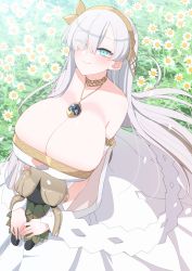 Rule 34 | 1girl, absurdres, akitokage, alternate breast size, anastasia (fate), bare shoulders, blue eyes, blush, breasts, cleavage, doll, dress, earrings, fate/grand order, fate (series), field, flower, flower field, hair over one eye, hairband, highres, huge breasts, jewelry, long hair, looking at viewer, nail polish, neck ring, necklace, pendant, smile, solo, very long hair, viy (fate), white dress, white hair
