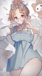 Rule 34 | 1girl, :t, bed sheet, bespectacled, blue dress, blush, bow, breasts, brown hair, candy, cowboy shot, dress, food, fur-trimmed jacket, fur trim, glasses, hair bow, hair bun, hair ornament, hairband, hairclip, highres, ichikawa hinana, idolmaster, idolmaster shiny colors, jacket, large breasts, looking at viewer, lying, off-shoulder dress, off shoulder, on back, parted bangs, purple-framed eyewear, single hair bun, solo, stuffed toy, umeume (totoya), white jacket