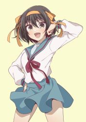 Rule 34 | 1girl, :d, arm up, blue sailor collar, blue skirt, blush, bob cut, breasts, brown eyes, brown hair, commentary request, cowboy shot, hair ribbon, hairband, hand on own hip, highres, kita high school uniform, long sleeves, looking at viewer, masimasi07, medium breasts, medium hair, open mouth, red ribbon, ribbon, sailor collar, school uniform, serafuku, simple background, skirt, smile, solo, standing, suzumiya haruhi, suzumiya haruhi no yuuutsu, winter uniform, yellow background, yellow hairband, yellow ribbon