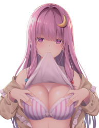 Rule 34 | 1girl, alternate costume, blue bow, blunt bangs, bow, bow bra, bra, breasts, cleavage, clothes in mouth, crescent, crescent hair ornament, hair intakes, hair ornament, large breasts, long hair, looking at viewer, mouth hold, multiple girls, patchouli knowledge, purple bra, purple hair, red bow, shirt in mouth, simple background, solo, striped bra, striped clothes, touhou, underwear, upper body, usagimiko, white background