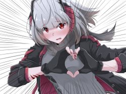 Rule 34 | 1girl, arknights, black gloves, black jacket, black scarf, blush, emphasis lines, fingerless gloves, gloves, grey hair, grey shirt, heart, heart hands, highres, horns, jacket, long sleeves, looking at viewer, material growth, nail polish, open clothes, open jacket, open mouth, oripathy lesion (arknights), plasbott, red eyes, red nails, scarf, shirt, short hair, simple background, solo, w (arknights), white background