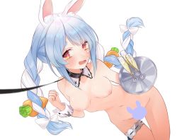 Rule 34 | 1girl, animal ear fluff, animal ears, bad id, bad pixiv id, black choker, blue hair, braid, breasts, breasts apart, bridal garter, carrot hair ornament, censored, champagne flute, choker, commentary, crying, crying with eyes open, cup, drinking glass, dutch angle, food-themed hair ornament, from above, hair ornament, hair ribbon, heart, highres, holding, holding tray, hololive, irisu-chan (yumemiruk), leaning forward, leash, leash pull, long hair, looking at viewer, medium breasts, multicolored hair, nipples, nude, open mouth, orange eyes, parted bangs, rabbit ears, ribbon, sidelocks, solo, standing, stomach, streaked hair, symbol-only commentary, tears, thick eyebrows, thigh gap, thighs, tray, twin braids, usada pekora, viewer holding leash, virtual youtuber, wavy mouth, white hair, white ribbon, wrist cuffs