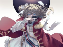 Rule 34 | 1girl, arm up, blonde hair, blue eyes, cape, commentary, covering own mouth, dress, girls&#039; frontline, gun, hair ribbon, handgun, highres, holding, holding gun, holding weapon, long hair, long sleeves, looking at viewer, rabb horn, red cape, revolver, ribbon, simple background, solo, upper body, weapon, webley (girls&#039; frontline), webley revolver, white dress, white ribbon