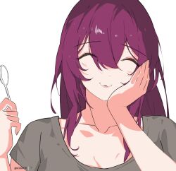 Rule 34 | 1girl, collarbone, commentary, eating, english commentary, grey shirt, hair between eyes, hand on own face, head rest, holding, holding spoon, honkai: star rail, honkai (series), kafka (honkai: star rail), kili kilio, light blush, portrait, purple hair, shirt, simple background, smile, solo, spoon, straight-on, twitter username, white background