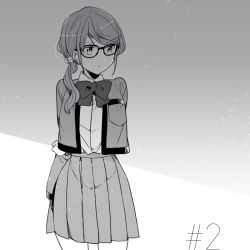 Rule 34 | 10s, 1girl, arm behind back, arm grab, bell, bow, collared shirt, cowboy shot, glasses, greyscale, hair bell, hair ornament, hami (lvct), hoshimi junna, jacket, jingle bell, long hair, looking away, looking to the side, low ponytail, monochrome, open clothes, open jacket, pleated skirt, ponytail, school uniform, shirt, shoujo kageki revue starlight, skirt, solo