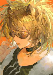 Rule 34 | 1girl, absurdres, animal ears, arknights, bingansuan jiamouren, black choker, black shirt, blonde hair, candy, choker, collarbone, extra ears, food, fur shawl, highres, lion ears, lollipop, long hair, looking at viewer, mouth hold, orange background, orange eyes, parted lips, shawl, shirt, siege (arknights), simple background, solo, sunglasses, upper body