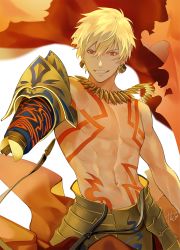 Rule 34 | 1boy, abs, armor, blonde hair, body markings, cape, ea (fate/stay night), earrings, fate/grand order, fate/stay night, fate/zero, fate (series), gilgamesh (fate), gold armor, grin, highres, jewelry, lips, lock, lock earrings, looking at viewer, male focus, markings, md5 mismatch, navel, necklace, pectorals, red cape, red eyes, resolution mismatch, simple background, smile, solo, source larger, takashi (huzakenna), toned, topless male, weapon, white background
