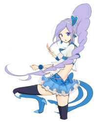 Rule 34 | 00s, 1girl, aono miki, blue eyes, blue footwear, blue skirt, boots, choker, cropped legs, cure berry, drill hair, earrings, eyelashes, fighting stance, fresh precure!, frilled skirt, frills, hair ornament, hairband, high heels, jewelry, knee boots, long hair, looking at viewer, magical girl, midriff, open mouth, ponytail, precure, purple eyes, purple hair, ribbon, serious, shijima (agkm), shirt, side ponytail, simple background, sketch, skirt, solo, standing, thighhighs, thighs, white background, wrist cuffs